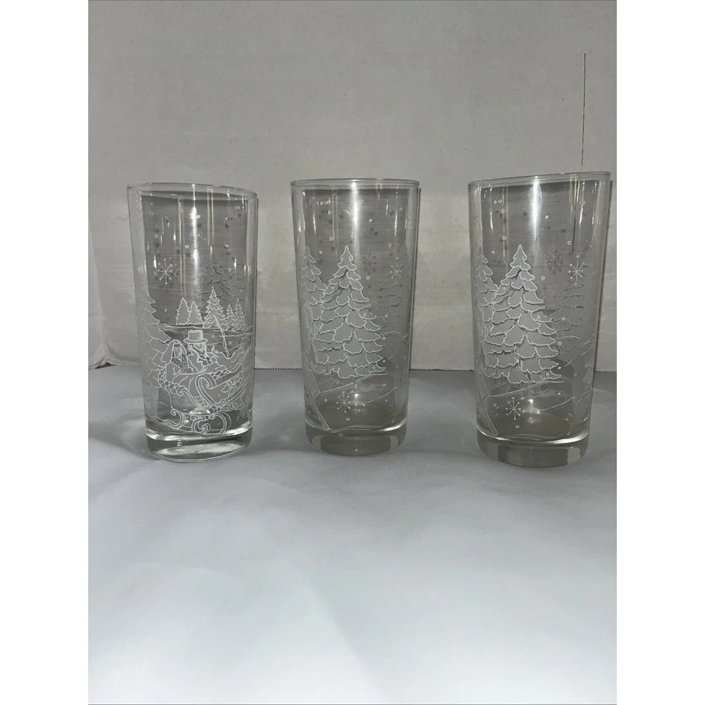 3 Libbey Glass Highball Tumbler Winter Wonder Land Scene Snow Frosted Trees Pine - Picture 1 of 5